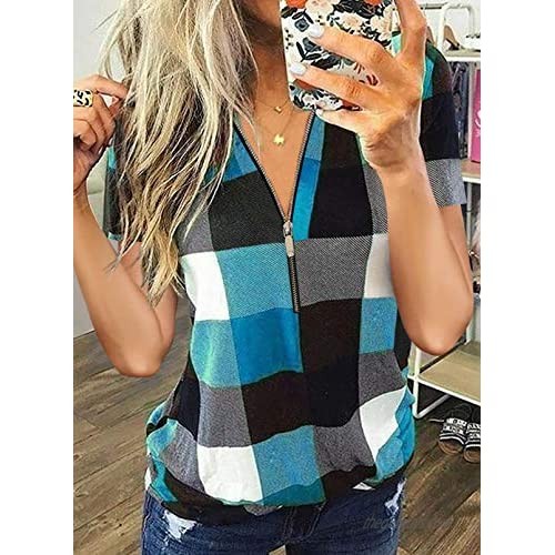 ROSKIKI Women’s Casual Summer V Neck Tops Comfy Plaid Zipper Short Sleeve Blouses Loose Fit Shirts