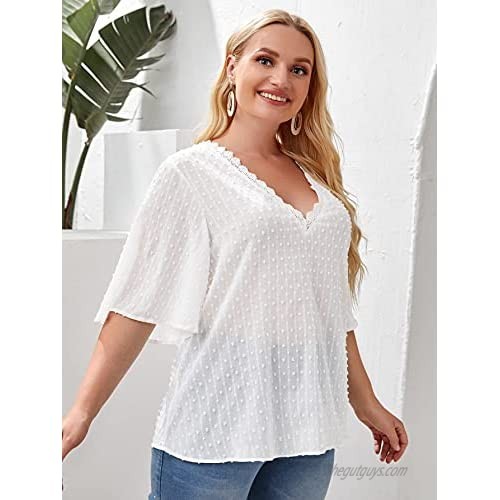 SheIn Women's Plus Short Sleeve V Neck Solid Lace Trim Swiss Dots Blouse Shirts