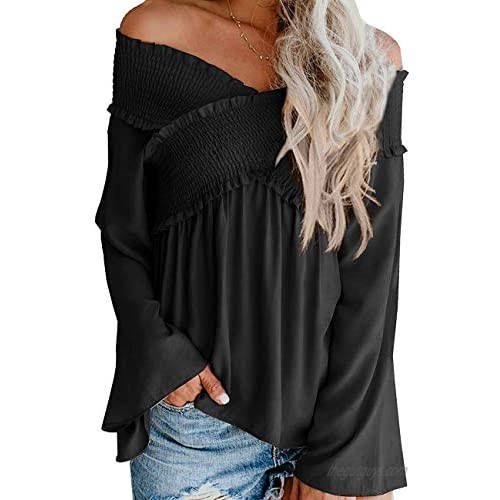 SOFIA'S CHOICE Womens Off The Shoulder Tops Casual Loose Long Sleeve Babydoll Blouse Shirts