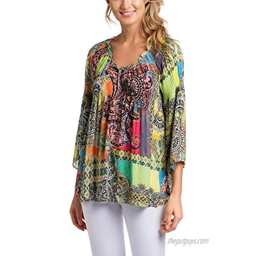 Spense Womens Apparel V-Neck Smock Pleated Printed Blouse - 3/4 Flowy Sleeves