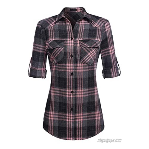 SUNAELIA Womens Flannels Plaid Shirt Long/Roll Up Sleeve Classic Button Down Tops with Pockets S-XXL