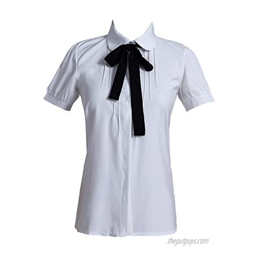 Taiduosheng Women Ivory White Bowtie Baby Collar Tops Blouses Short Sleeve OL Chiffon Button Down Shirt