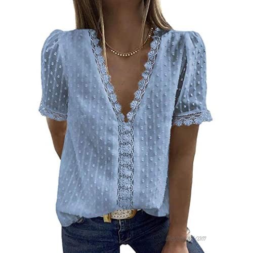 WLLW Women's Swiss Dots Lace Pom Pom Blouse Shirts Solid Color Hollow Out V Neck Tops