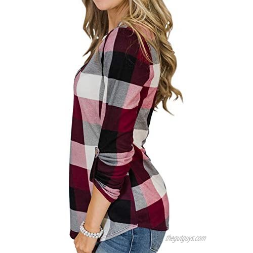 Womens 3/4 Cuffed Sleeve Plaid Shirt Tunic Casual Loose Roll-Up Sleeve V Neck Pullover Blouses Tops