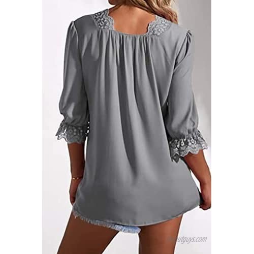 Women's Fashion Lace Neck V-Neck 3/4 Lace Sleeve Top Casual Loose Casual Basic Blouses T-Shirt
