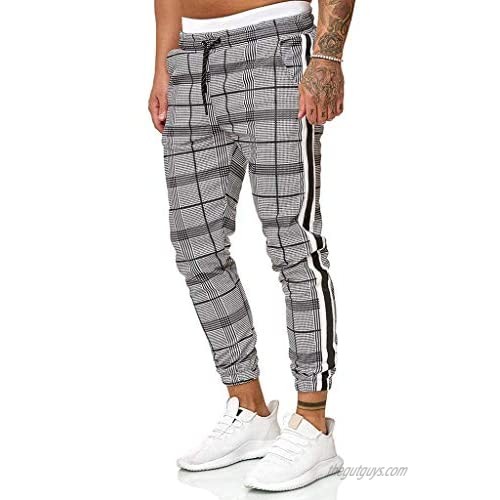 Men Casual Plaid Pants Stretch Flat-Front Skinny Dress Elastic Waist Long Pencil Pants Trousers (Gray L)