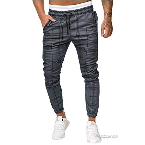 Men Casual Plaid Pants Stretch Flat-Front Skinny Dress Elastic Waist Long Pencil Pants Trousers (Gray A  L)