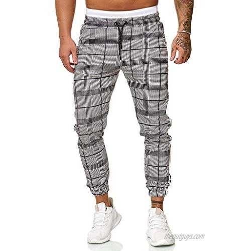 Men Casual Plaid Pants Stretch Flat-Front Skinny Dress Elastic Waist Long Pencil Pants Trousers (Gray  L)