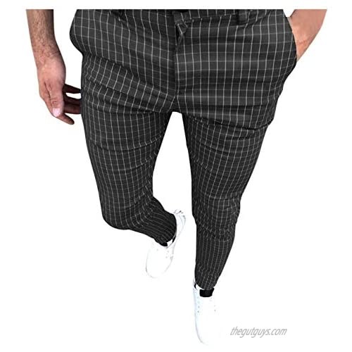 Men Casual Plaid Pants Stretch Flat-Front Skinny Dress Elastic Waist Long Pencil Pants Trousers Slim fit Trousers