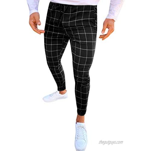 Men Dress Pants Casual Plaid Stretch Flat-Front Skinny Business Pencil Long Pants Trousers Pocket (Black A  XXXL)