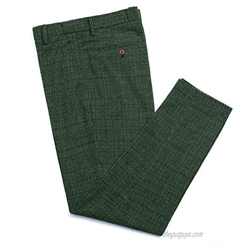 Men's Dress Suit Pants Thick Retro Plaid Tweed Wool Flat Front Herringbone Trousers