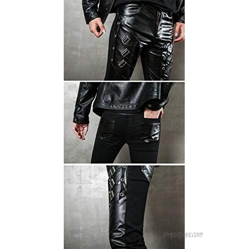 Idopy Men`s Black Party Stage Performance Slim Fit Biker Faux Leather Pants