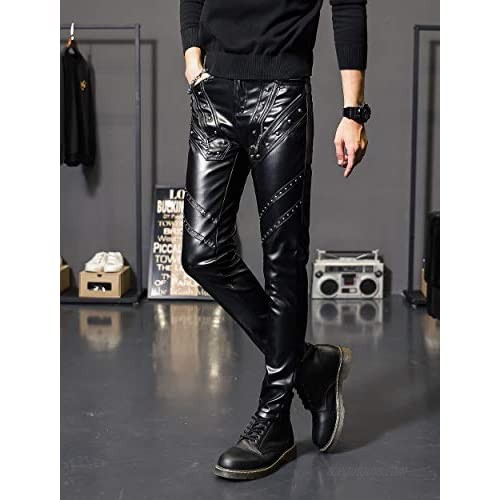 Idopy Men`s Rock Steampunk Studded PU Leather Pants Slim Fit with Rivet