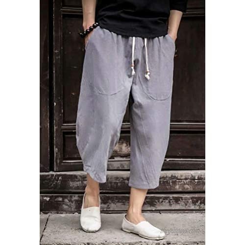 KEFITEVD Mens Baggy Linen Shorts Loose Casual Lightweight Capri Pants Yoga Harem Beach Pants with Pockets