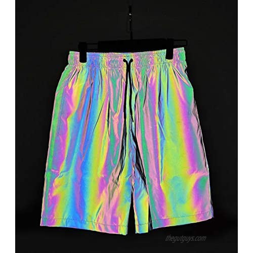 NEWLOPO Rainbow Reflective Shorts Pants Men Fluorescent Trousers Casual Night Jogger
