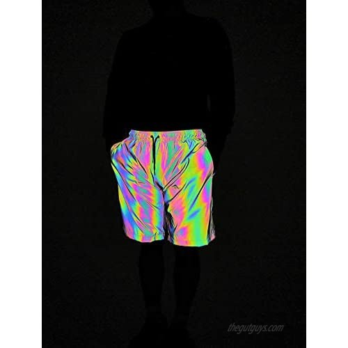 NEWLOPO Rainbow Reflective Shorts Pants Men Fluorescent Trousers Casual Night Jogger