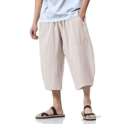 TACVASEN Men's Shorts Cotton Linen Capri Summer Pants Casual Loose Fit Drawstring Lightweight Wide Leg with 4 Pockets