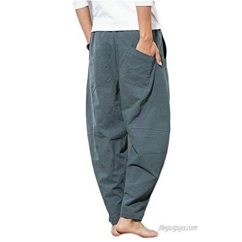 Tudald Men's Cotton Linen Drawstring Harem Pants Pockets Baggy Casual Loungewear Yoga