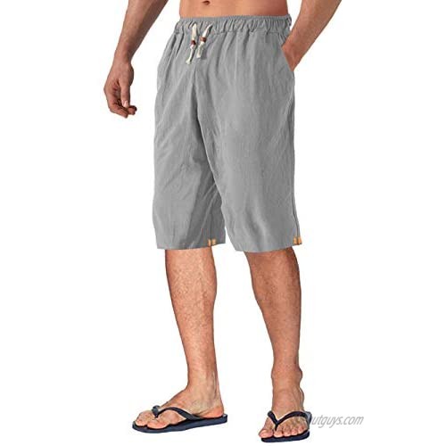 WOTHONPIS Men's Casual Linen Shorts Beach Capri Pants Loose Lounge Baggy Drawstring Shorts