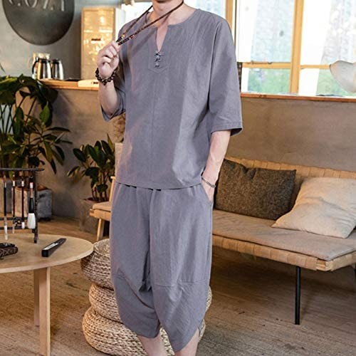 2021 Men's 2 Piece Outfit Summer Casual Stylish Linen Short Sleeve T Shirts and Shorts Sets Big and Tall
