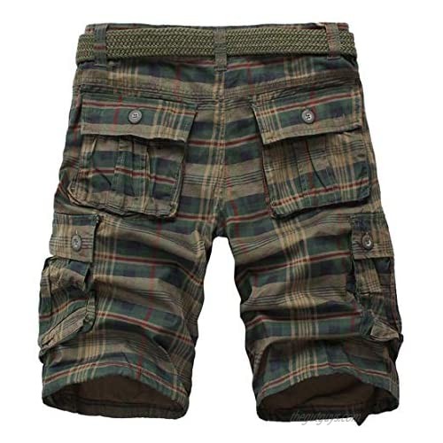 ebossy Men's Multi-Pocket Relaxed Fit at Knee Ripstop Plaid Cargo Shorts