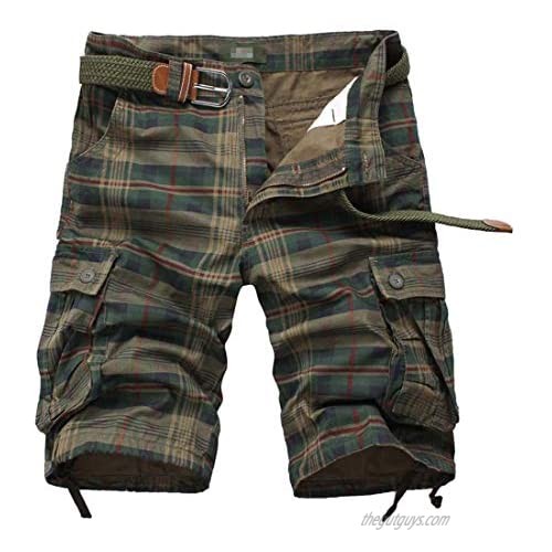ebossy Men's Multi-Pocket Relaxed Fit at Knee Ripstop Plaid Cargo Shorts