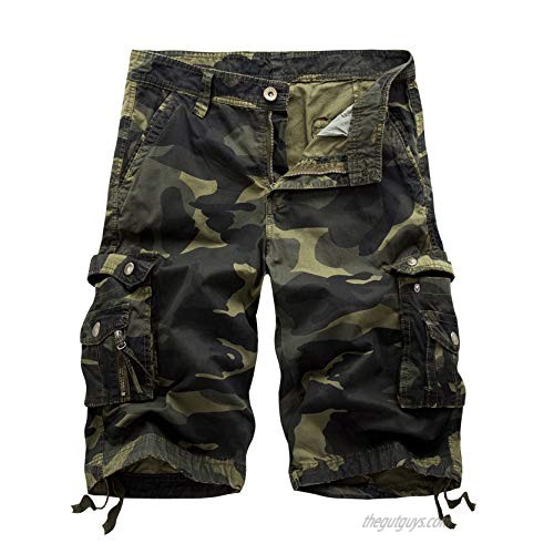 Men's Camo Cargo Short Pants Casual Loose Fit Multi-Pockets Shorts Outdoor Military Cargo Shorts (32 Army Green 1)