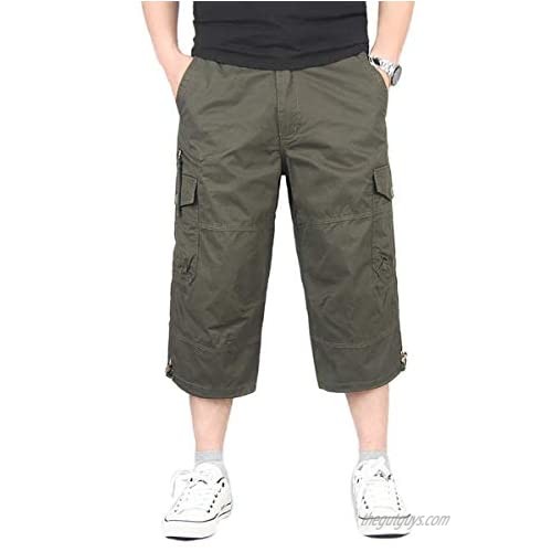 TOSKIP Men's Casual Twill Elastic Ripstop Basic Cargo Shorts Below Knee Loose Fit Multi-Pocket Capri Long Shorts All-Season