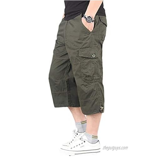 TOSKIP Men's Casual Twill Elastic Ripstop Basic Cargo Shorts Below Knee Loose Fit Multi-Pocket Capri Long Shorts All-Season