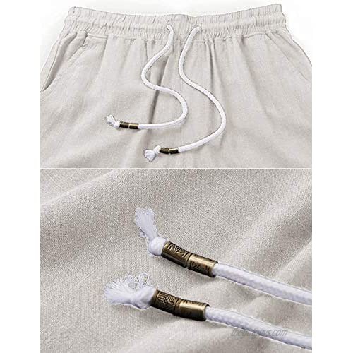 EKLENTSON Mens Casual Cotton Linen Elastic Waist Drawstring Comfy Fit Shorts