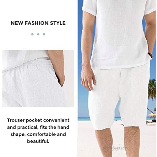 minifaceminigirl Men’s Shorts Cotton Linen Casual Elastic Waist Drawstring Summer Solid Color Beach Shorts with Pockets (White 3XL)