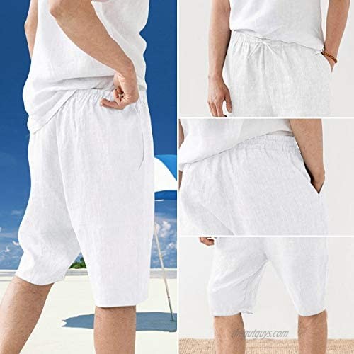 minifaceminigirl Men’s Shorts Cotton Linen Casual Elastic Waist Drawstring Summer Solid Color Beach Shorts with Pockets (White 3XL)