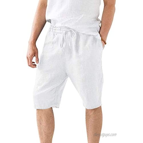 minifaceminigirl Men’s Shorts Cotton Linen Casual Elastic Waist Drawstring Summer Solid Color Beach Shorts with Pockets (White  3XL)