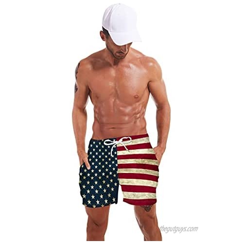 F plus R Men's Loose Fit Quick-Drying Printed Beach Shorts Swimming Shorts American Flag Swimsuit Mesh Lining