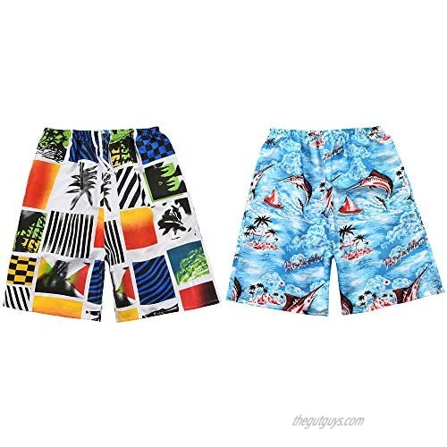 HagieNu 2 Packs Men’s Swim Trunks Quick Dry Beach Board Shorts Colorful Pattern with Mesh Lining