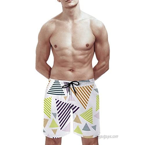 Huayuanhurug Abstract Striped Triangles White Men's Summer Casual Shorts Beachwear Sports Swim Board Shorts Breathable Surfing Shorts Beach Pants