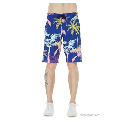 Men's Spandex Hawaiian Beach Board Shorts with Zipped Pocket in Crayon Palms