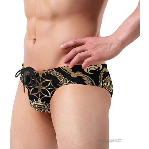 Golden Baroque Elements Mens Bikini Swimsuit Boxer Brief Underwear Drawstring Swimming Trunks