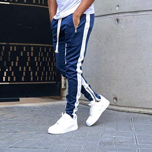 Mens Jogger Pants Slim Fit Side Stripe Casual Tapered Sweatpants with Zip Pockets and Bottom
