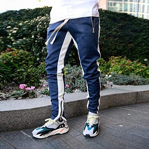 Mens Jogger Pants Slim Fit Side Stripe Casual Tapered Sweatpants with Zip Pockets and Bottom