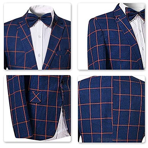 Boyland Men's Plaid Suit Notch Lapel Classic Formalwear Jacket Slim Fit Navy Blue Pants Gentleman
