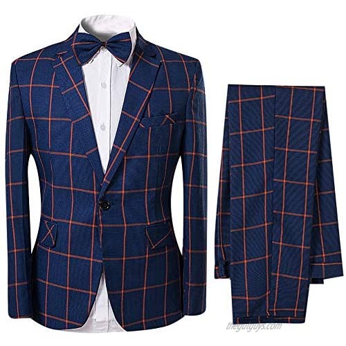 Boyland Men's Plaid Suit Notch Lapel Classic Formalwear Jacket Slim Fit Navy Blue Pants Gentleman