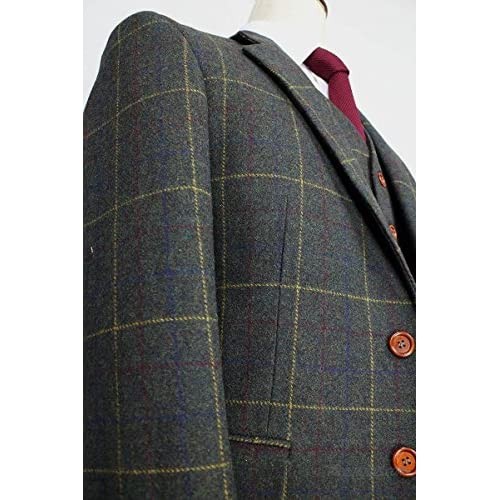 Classic Tweed Herringbone Wool Blend Men Suit 3 Pieces Check Plaid Dark Green Striped Blazer