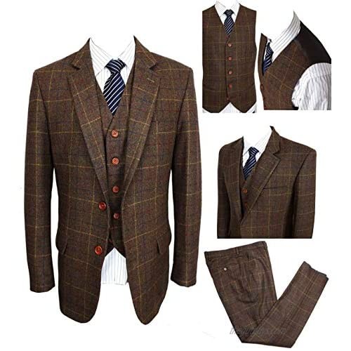 Classic Vintage Brown Tweed Herringbone Wool Blend Men Suit 3 Pieces Check Plaid Dark Green Striped Blazer