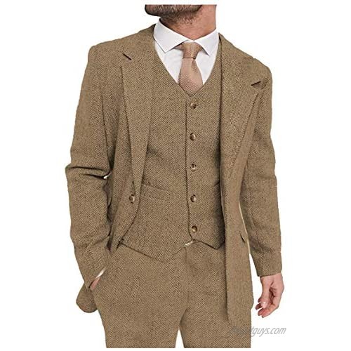 Linbos Men's Suit 3 Piece Tweed Wool Classic Fit Prom Wedding Grooms Jacket+Vest+Pant