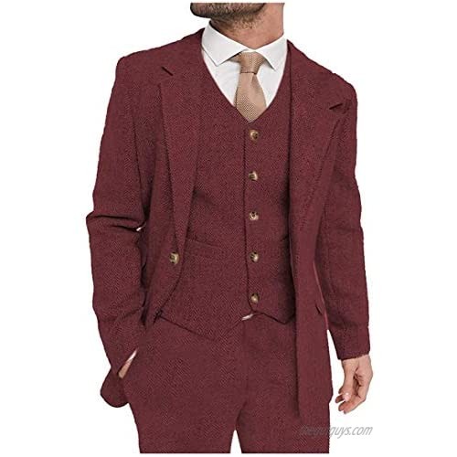 Linbos Men's Suit 3 Piece Tweed Wool Classic Fit Prom Wedding Grooms Jacket+Vest+Pant