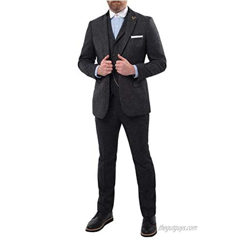Loch Hart Mens Grey Herringbone Tweed 3 Piece Suit Velvet Trim