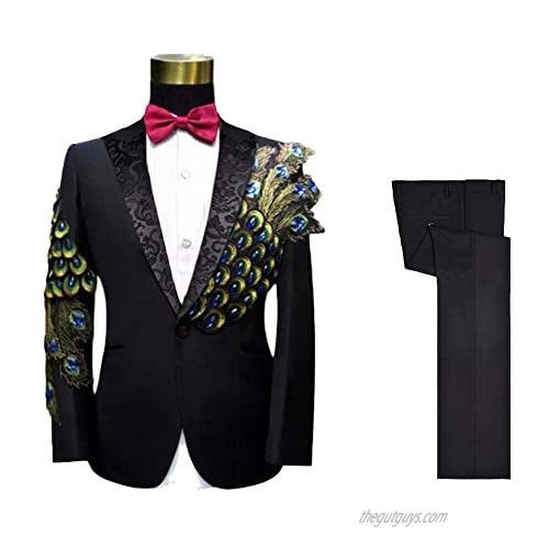 Lucky lover Black Peacock Men Suit Slim Embroidery Tuxedos 2 Pieces