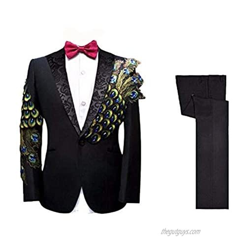 Lucky lover Black Peacock Men Suit Slim Embroidery Tuxedos 2 Pieces