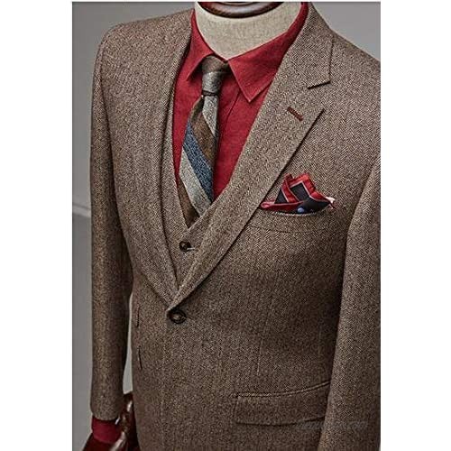 Mens Brown Classic Vintage Tweed Herringbone Wool Wedding Prom Men Suit 3 Pieces Jacket Vest Pant